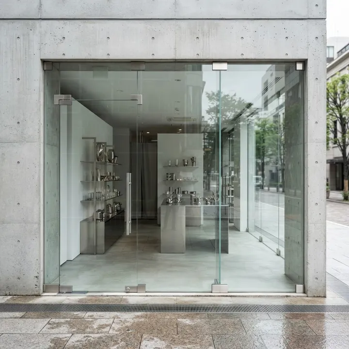 Illustrative complete frameless doors shop front: Left Pivot Entry, single left entrance with two display bays, frameless glass with metal hardware.
