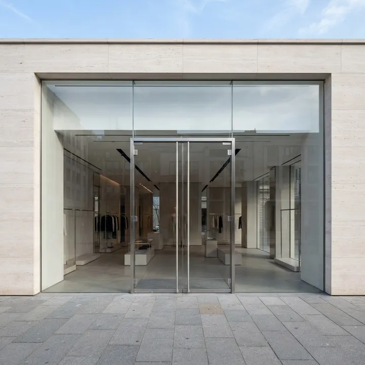 Illustrative complete frameless doors shop front: Central Double Entry, double entrance with balanced sidelights, frameless glass with metal hardware.