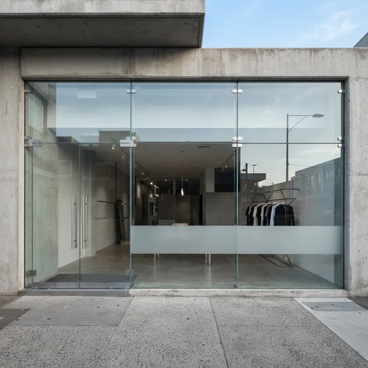 Illustrative complete frameless doors shop front: Offset Double Entry, double entrance and two right display bays, frameless glass with metal hardware.