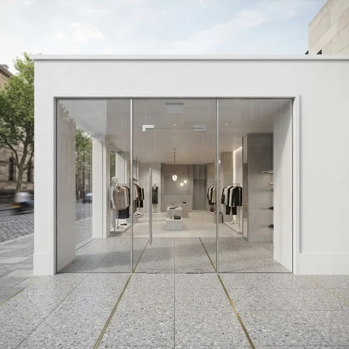 Illustrative complete frameless doors shop front: Tall Central Entry, single central entrance with two sidelights, frameless glass with metal hardware.