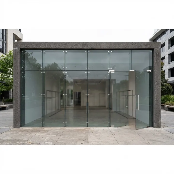 Illustrative complete frameless doors shop front: Wide Double Entry, right double entrance and three display bays, frameless glass with metal hardware.