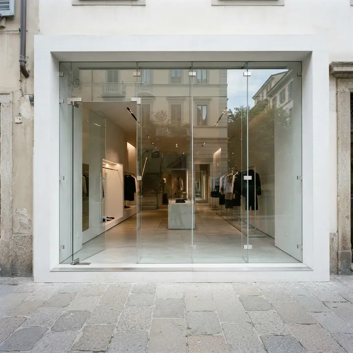 Illustrative complete frameless doors shop front: Open Left Entry, single entrance with three right display bays, frameless glass with metal hardware.