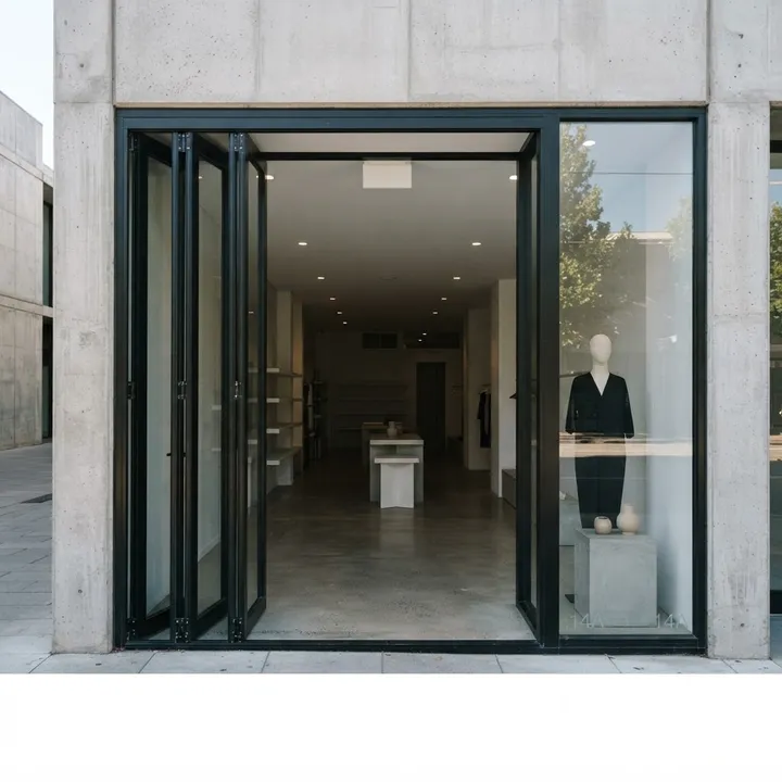 Illustrative complete stacking doors shop front: Left Stack / Black, four folding panels and a right display bay, black aluminium and glass.