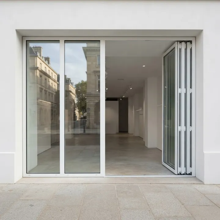 Illustrative complete stacking doors shop front: Right Stack / White, six folding panels between fixed sidelights, white aluminium and glass.