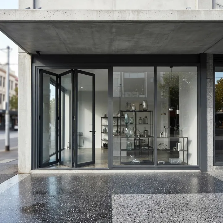 Illustrative complete stacking doors shop front: Compact Charcoal Stack, three folding panels and a right display bay, charcoal aluminium and glass.