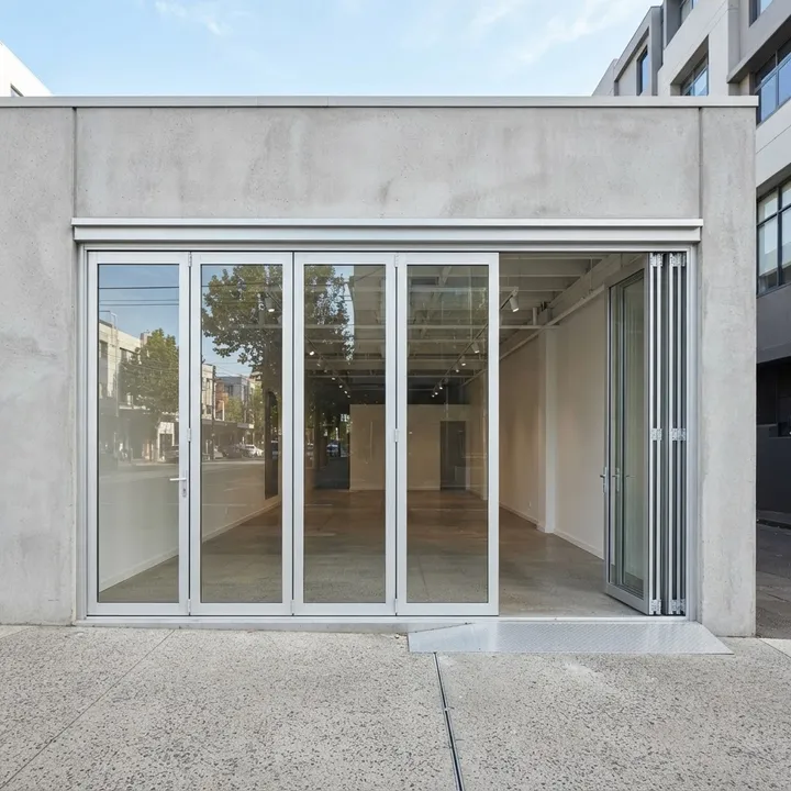 Illustrative complete stacking doors shop front: Full-Width Anodized Stack, five folding panels across the entrance, natural anodized aluminium and glass.