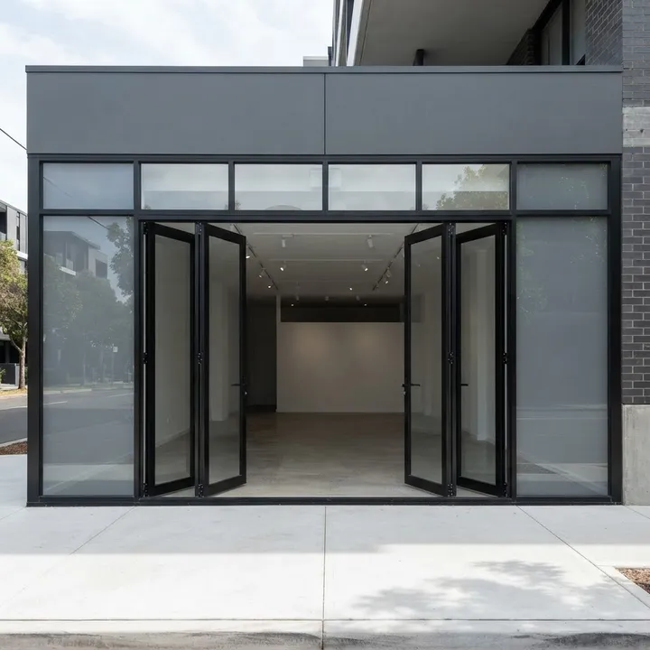 Illustrative complete stacking doors shop front: Wide Black Stack, eight folding panels across a broad entrance, black aluminium and glass.