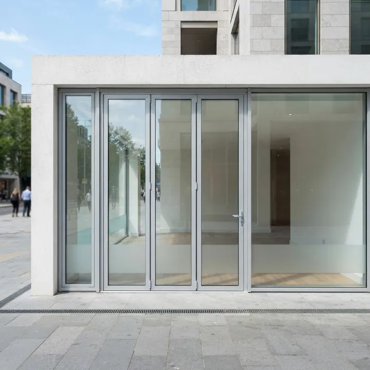 Illustrative complete stacking doors shop front: Silver Display Front, four folding panels between display bays, new silver powder coat aluminium and glass.