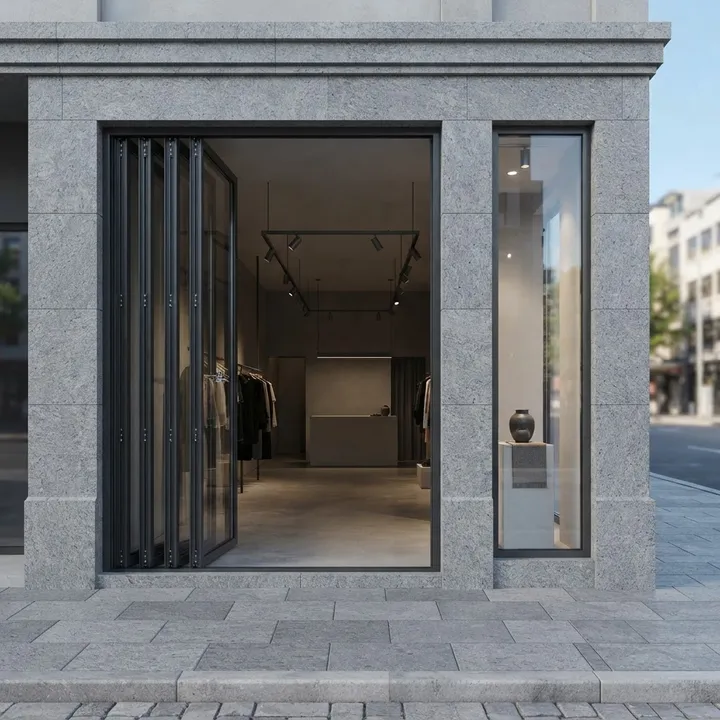 Illustrative complete stacking doors shop front: Tall Charcoal Stack, seven folding panels and a right display bay, charcoal aluminium and glass.