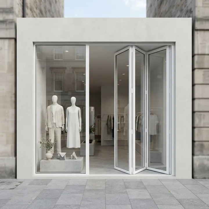 Illustrative complete vistafold doors shop front: Compact White Fold, three folding panels and a left display bay, white aluminium and glass.