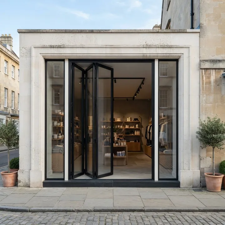 Illustrative complete vistafold doors shop front: Black Fold with Sidelights, four folding panels between fixed sidelights, black aluminium and glass.