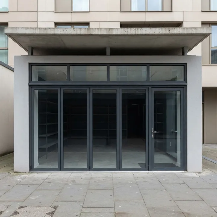 Illustrative complete vistafold doors shop front: Charcoal Full-Width Fold, five folding panels across the entrance, charcoal aluminium and glass.
