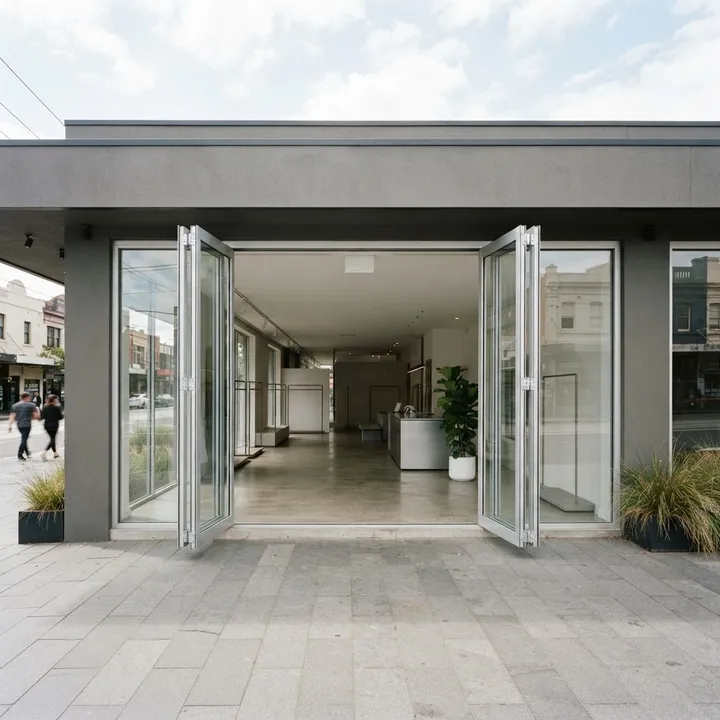 Illustrative complete vistafold doors shop front: Wide Anodized Fold, six folding panels across a broad entrance, natural anodized aluminium and glass.