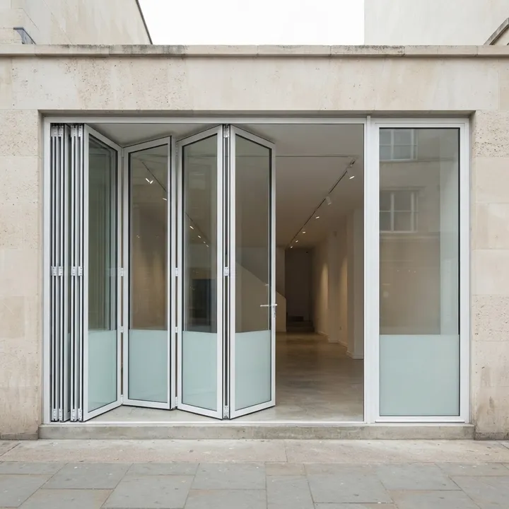 Illustrative complete vistafold doors shop front: White Fold / Display Bay, seven folding panels and a right display bay, white aluminium and glass.