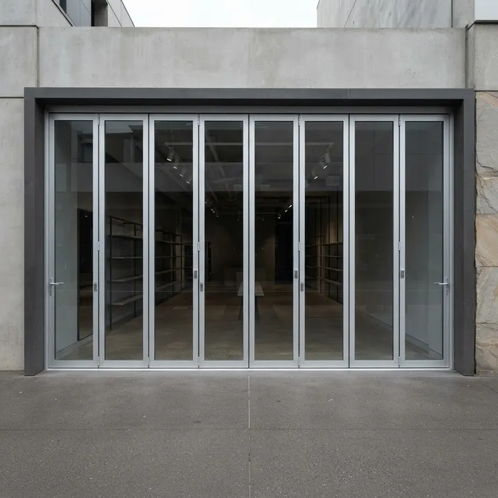 Illustrative complete vistafold doors shop front: Silver Full-Width Fold, eight folding panels across the entrance, new silver powder coat aluminium and glass.