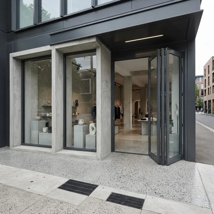 Illustrative complete vistafold doors shop front: Offset Charcoal Fold, four folding panels beside two left display bays, charcoal aluminium and glass.